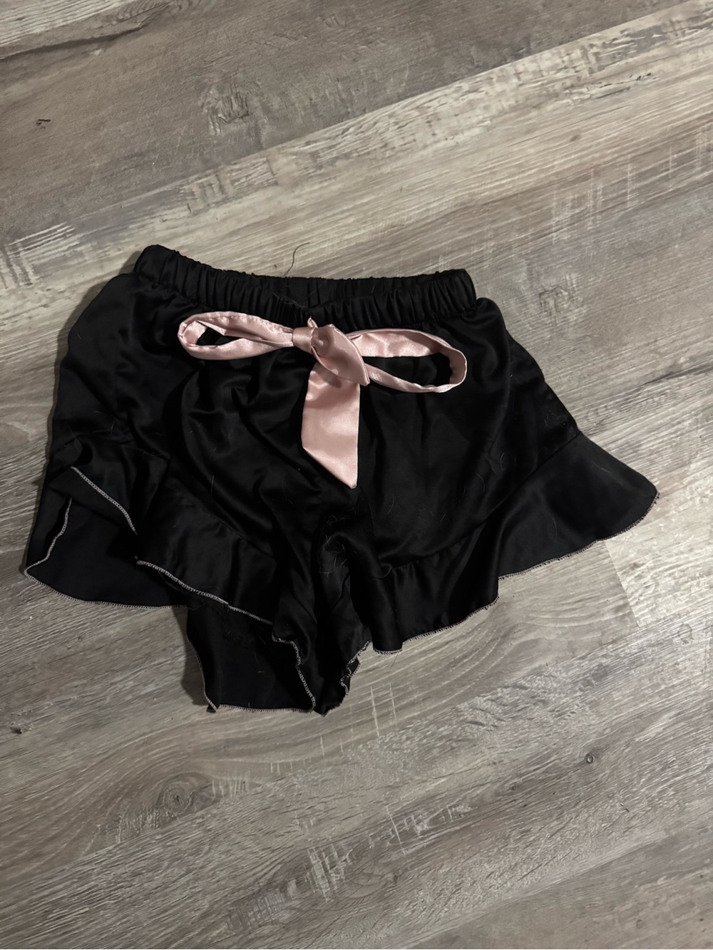 Black Satin Ruffle Lounge Shorts with Pink Bow